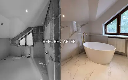 Nowoczesna łazienka z białą wanną i marmurowymi akcentami, styl glamour