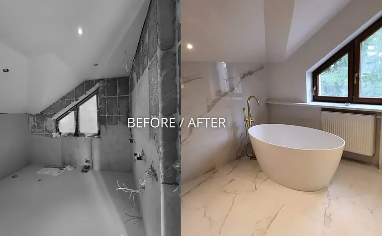 Nowoczesna łazienka z białą wanną i marmurowymi akcentami, styl glamour