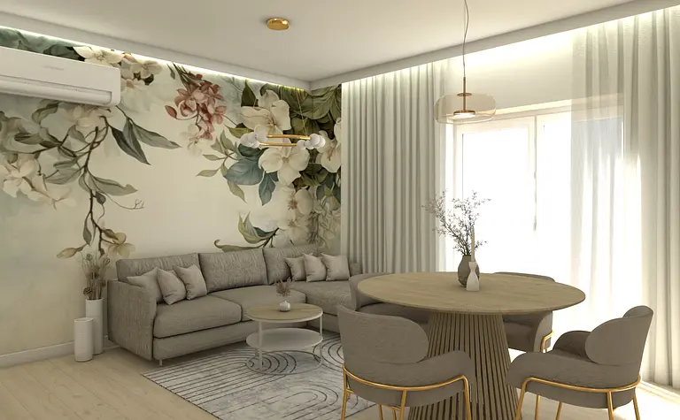 Wnętrze pokoju dziennego z szarymi meblami i kwiecistą tapetą w nowoczesnym stylu.