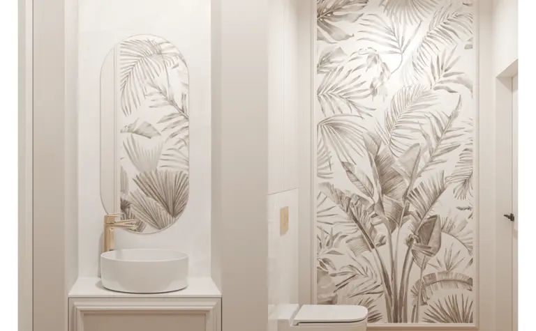Wnętrze łazienki w stylu art deco i soft minimalizm z białymi akcentami.