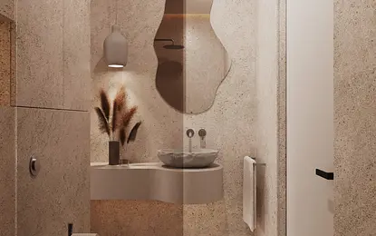 Minimalistyczna łazienka w stylu japandi z beżowymi ścianami i nowoczesnym lustrem.