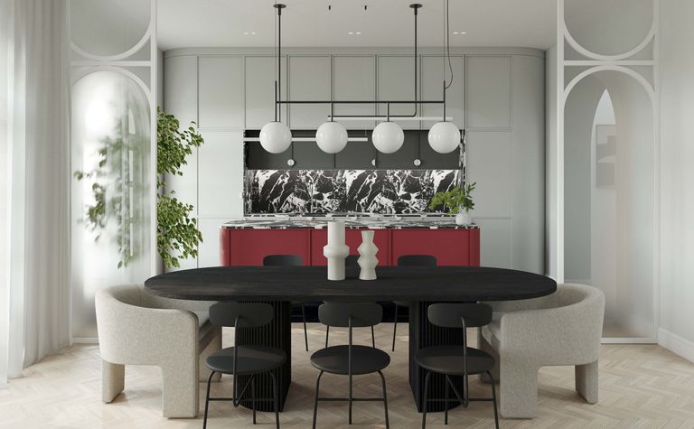 Wnętrze jadalni z czarnym stołem, czerwonymi meblami i roślinami, styl dopamine decor, eklektyczny, glamour, współczesny