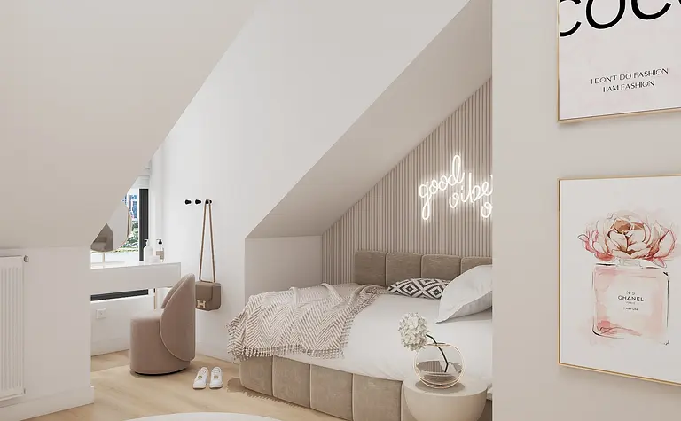 Nowoczesny pokój sypialny w stylu glam i japandi z jasnymi akcentami.