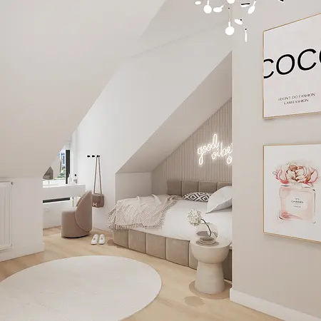 Nowoczesny pokój sypialny w stylu glam i japandi z jasnymi akcentami.