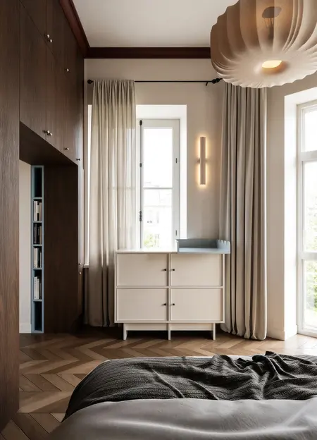 Wnętrze sypialni w stylu eklektycznym z minimalistycznymi i vintage meblami.