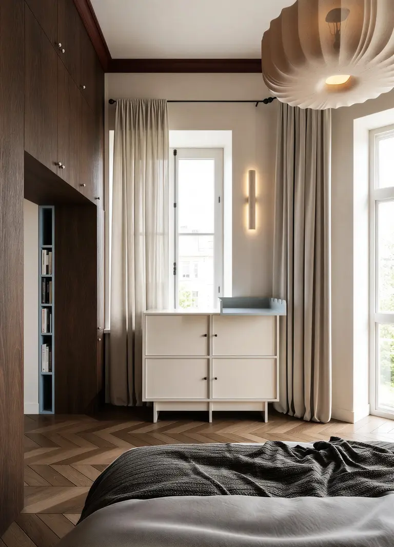 Wnętrze sypialni w stylu eklektycznym z minimalistycznymi i vintage meblami.
