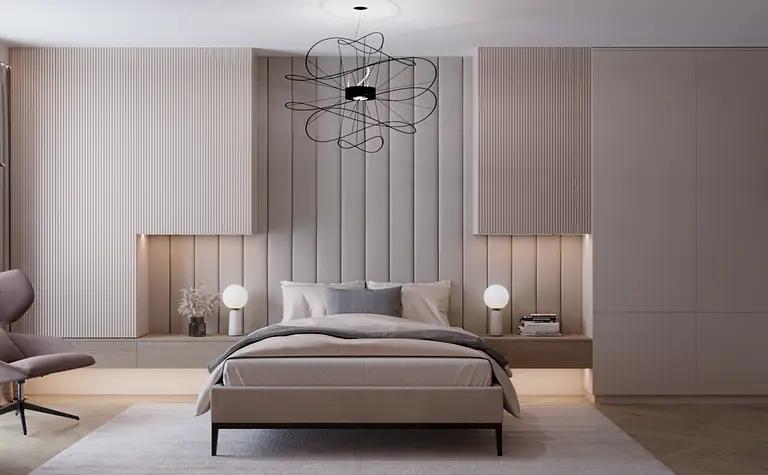 Wnętrze sypialni z minimalistycznym designem, art deco i eklektycznymi detalami.