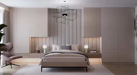 Wnętrze sypialni z minimalistycznym designem, art deco i eklektycznymi detalami.