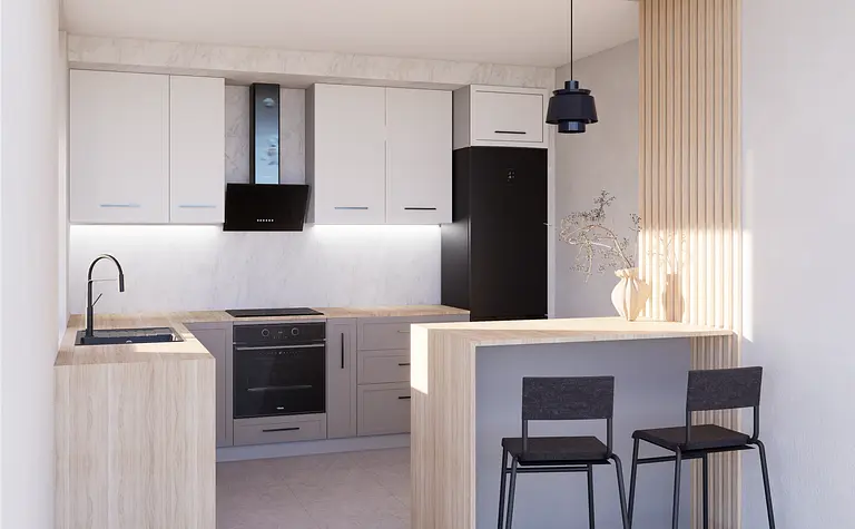 Kuchnia minimalistyczna z białymi meblami i drewnianym blatem, nowoczesnym AGD.