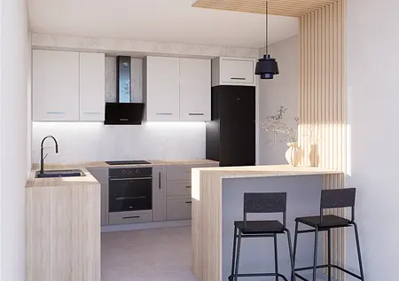 Kuchnia minimalistyczna z białymi meblami i drewnianym blatem, nowoczesnym AGD.