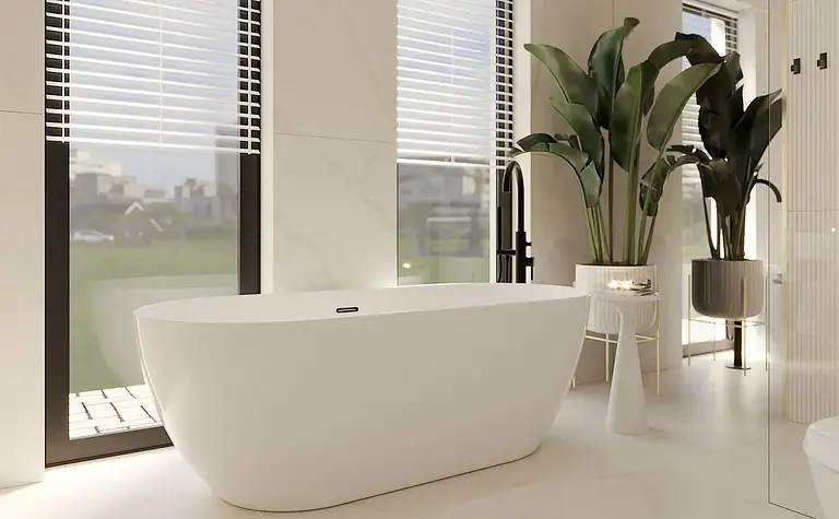 Nowoczesne wnętrze salonu z białą sofą, drewnianymi meblami i minimalistycznym designem.
