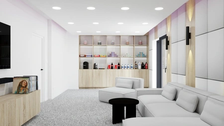 Nowoczesne wnętrze salonu z białą sofą, drewnianymi meblami i minimalistycznym designem.