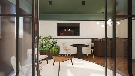 Wnętrze w stylu eklektycznym z roślinami i meblami art deco.