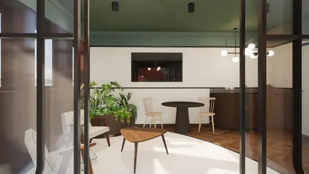 Wnętrze w stylu eklektycznym z roślinami i meblami art deco.