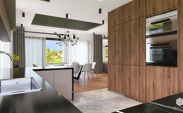 Nowoczesna kuchnia z drewnianymi meblami i dużym oknem, styl quiet luxury
