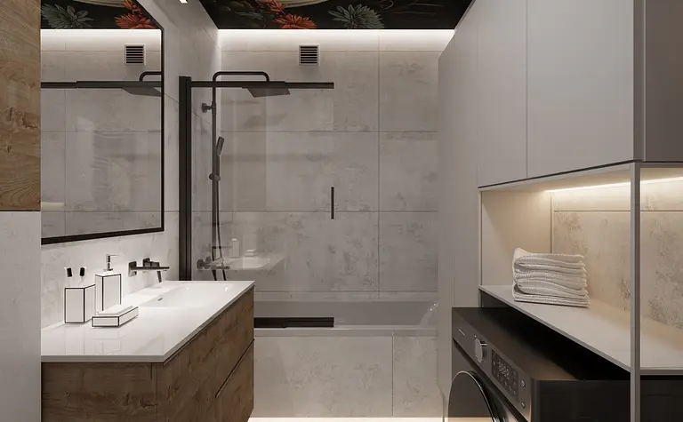 Nowoczesna łazienka z drewnianą szafką i eleganckim prysznicem, współczesny design.