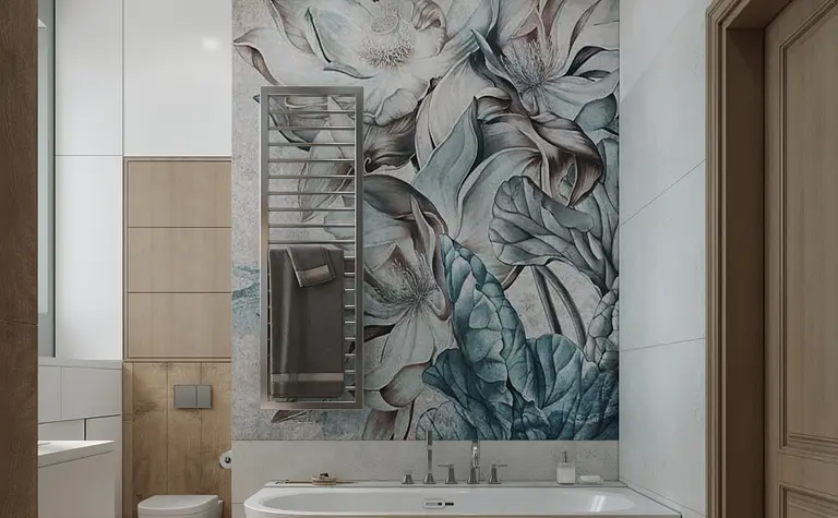 Nowoczesna łazienka z wanną, muralem i elementami art deco, glamour oraz tradycyjnym wykończeniem.
