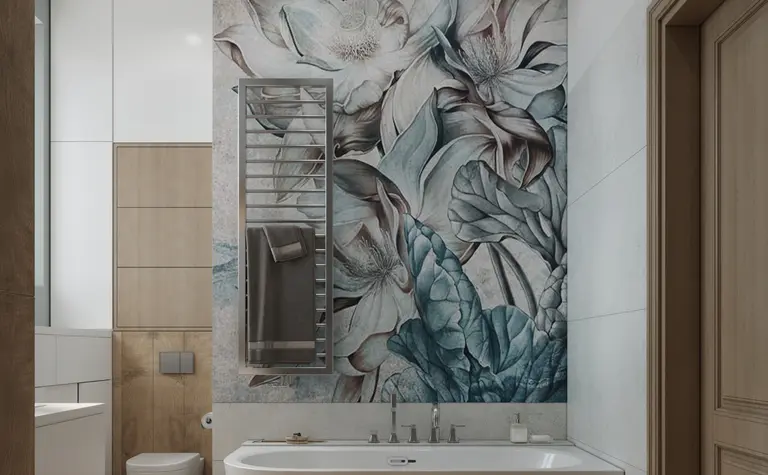 Nowoczesna łazienka z wanną, muralem i elementami art deco, glamour oraz tradycyjnym wykończeniem.