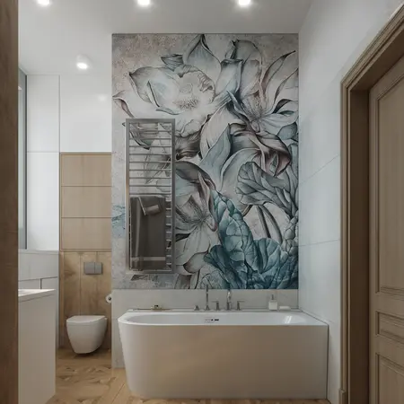 Nowoczesna łazienka z wanną, muralem i elementami art deco, glamour oraz tradycyjnym wykończeniem.