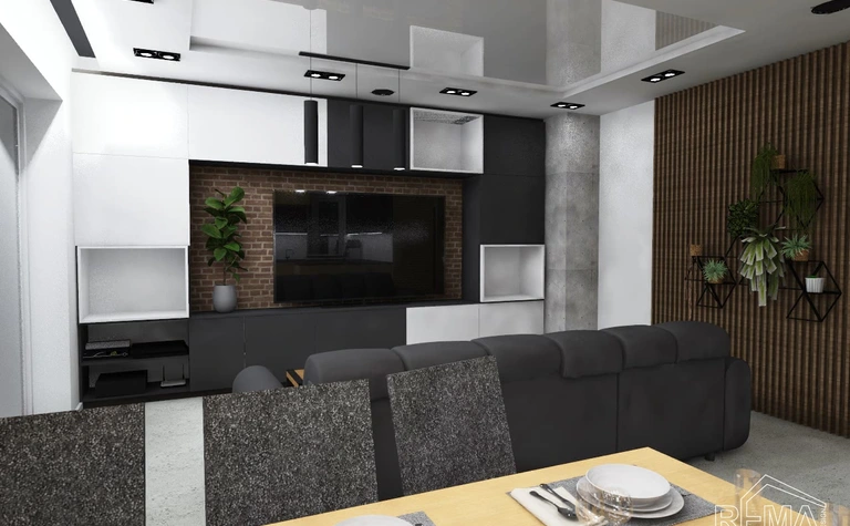 Wnętrze salonu w stylu industrialnym z roślinami i minimalistycznym wykończeniem.