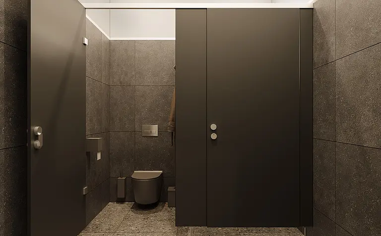 Łazienka w minimalistycznym stylu z ciemnymi drzwiami i nowoczesnymi wykończeniami.