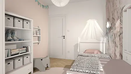 Pokój dziecięcy z białym łóżkiem, różowym wystrojem i eklektycznymi detalami.