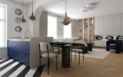 Wnętrze kuchni w stylu art deco i nowoczesnym z niebieskimi meblami i drewnianymi akcentami.