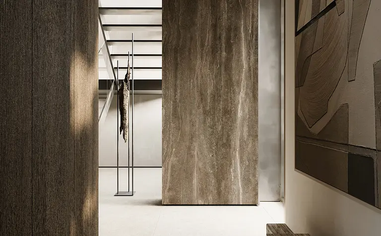 Wnętrze przedpokoju w stylu eklektycznym, minimaluxe i nowoczesnym z drewnianymi elementami.