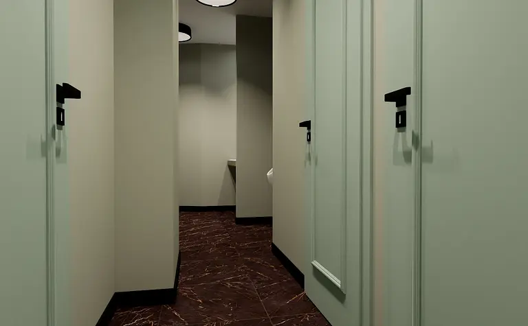 Przedpokój w stylu eklektycznym z zielonymi ścianami i ciemną podłogą