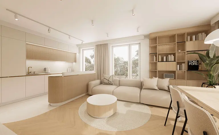 Wnętrze kuchni w stylu japandi, minimalistycznym i quiet luxury z jasnymi meblami.