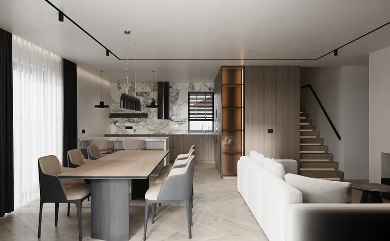 Wnętrze jadalni z drewnianym stołem, szarymi krzesłami i minimalistycznym wystrojem.