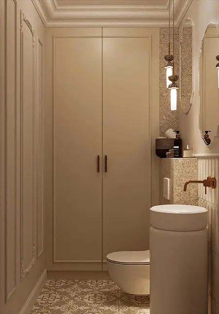 Wnętrze łazienki w stylu art deco i eklektycznym z beżowymi meblami i eleganckimi detalami.