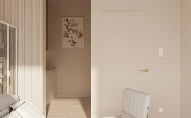 Minimalistyczne biuro z białymi meblami i jasnymi ścianami