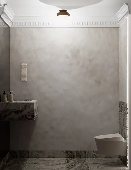 Wnętrze łazienki w stylu nowoczesnym z szarymi ścianami i eleganckimi detalami.