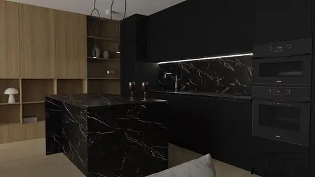 Nowoczesna kuchnia z czarnym blatem i minimalistycznymi meblami.