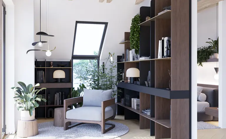 Wnętrze w stylu japandi z minimalistycznym wystrojem, roślinami i drewnianymi detalami.