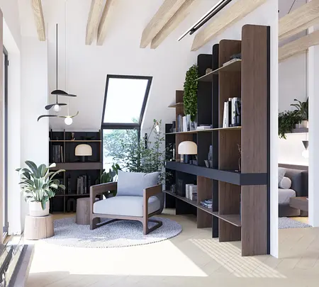 Wnętrze w stylu japandi z minimalistycznym wystrojem, roślinami i drewnianymi detalami.