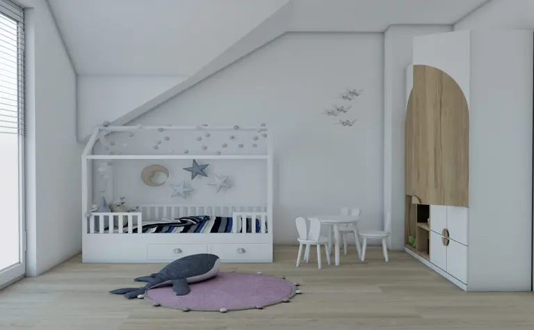 Pokój dziecięcy w stylu minimalistycznym z białymi meblami i drewnianymi detalami.