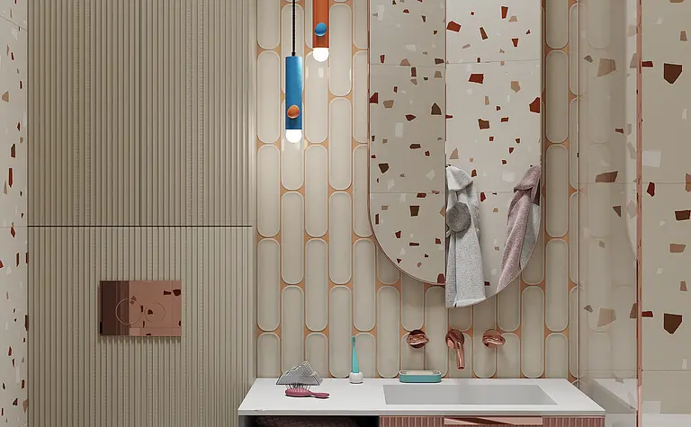 Nowoczesna łazienka w stylu art deco z minimalistycznymi detalami i quiet luxury.