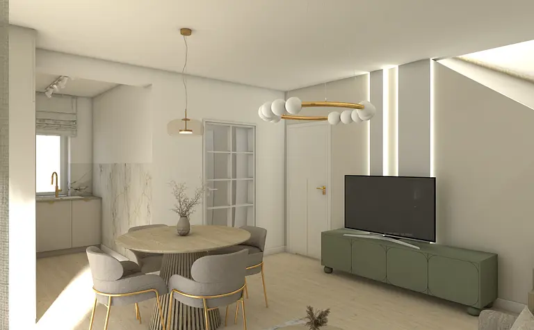 Wnętrze nowoczesnego pokoju dziennego z jasnymi meblami i telewizorem.