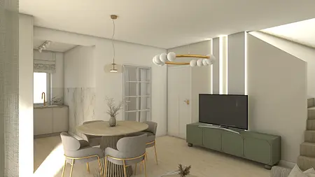 Wnętrze nowoczesnego pokoju dziennego z jasnymi meblami i telewizorem.