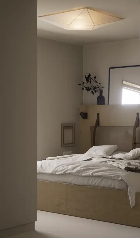 Sypialnia z eklektycznym i rustykalnym stylem, drewniane elementy, biała pościel.