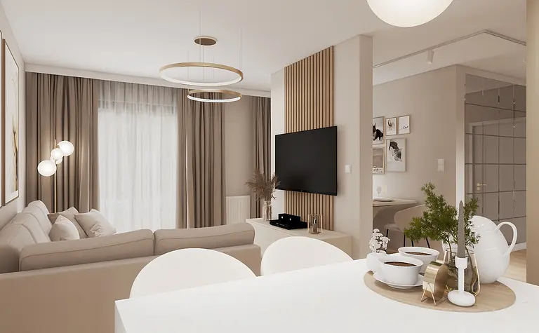 Wnętrze salonu w stylu glamour i japandi z jasnymi meblami, drewnianymi akcentami.