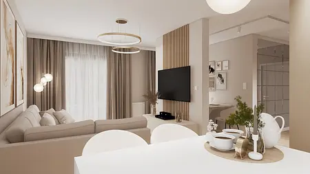 Wnętrze salonu w stylu glamour i japandi z jasnymi meblami, drewnianymi akcentami.