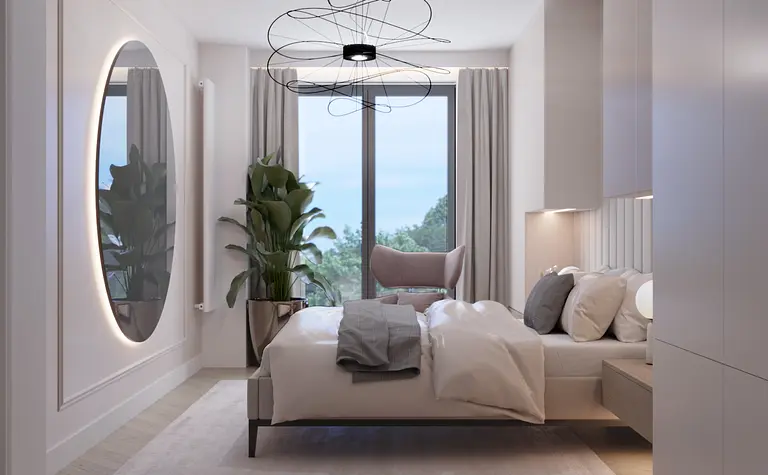 Wnętrze sypialni z minimalistycznym wystrojem, roślinami oraz nowoczesnym oświetleniem.