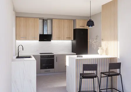 Kuchnia minimalistyczna z drewnianymi meblami i białym blatem.