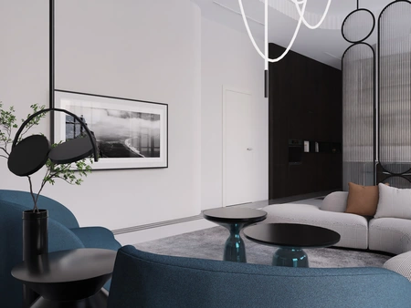 Nowoczesny salon w stylu art deco i glamour z niebieskimi fotelami