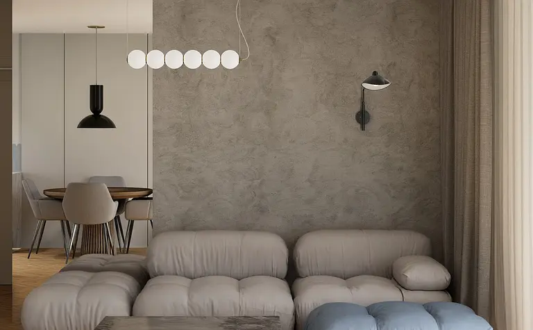 Wnętrze w stylu art deco i eklektycznym z szarymi ścianami, beżową sofą i drewnianym stołem.
