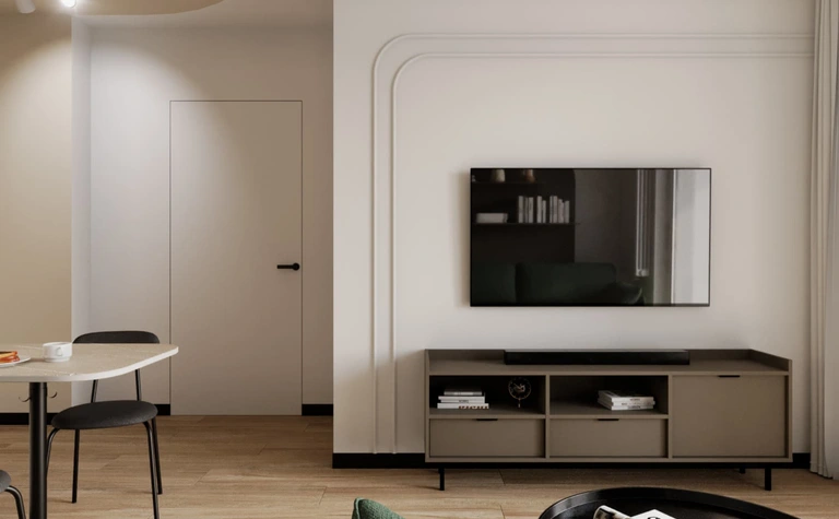 Salon w stylu minimalistycznym i współczesnym z zieloną kanapą i telewizorem