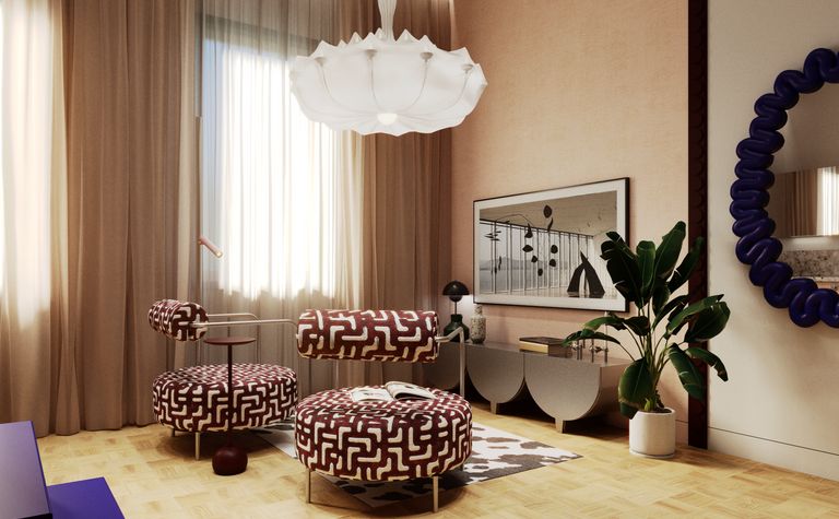 Salon w stylu dopamine decor z eklektycznymi meblami i roślinnością.